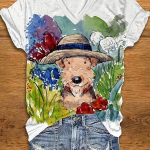 Versatile Print Short Sleeve V Neck T-shirt for Everyday Casual Outfits